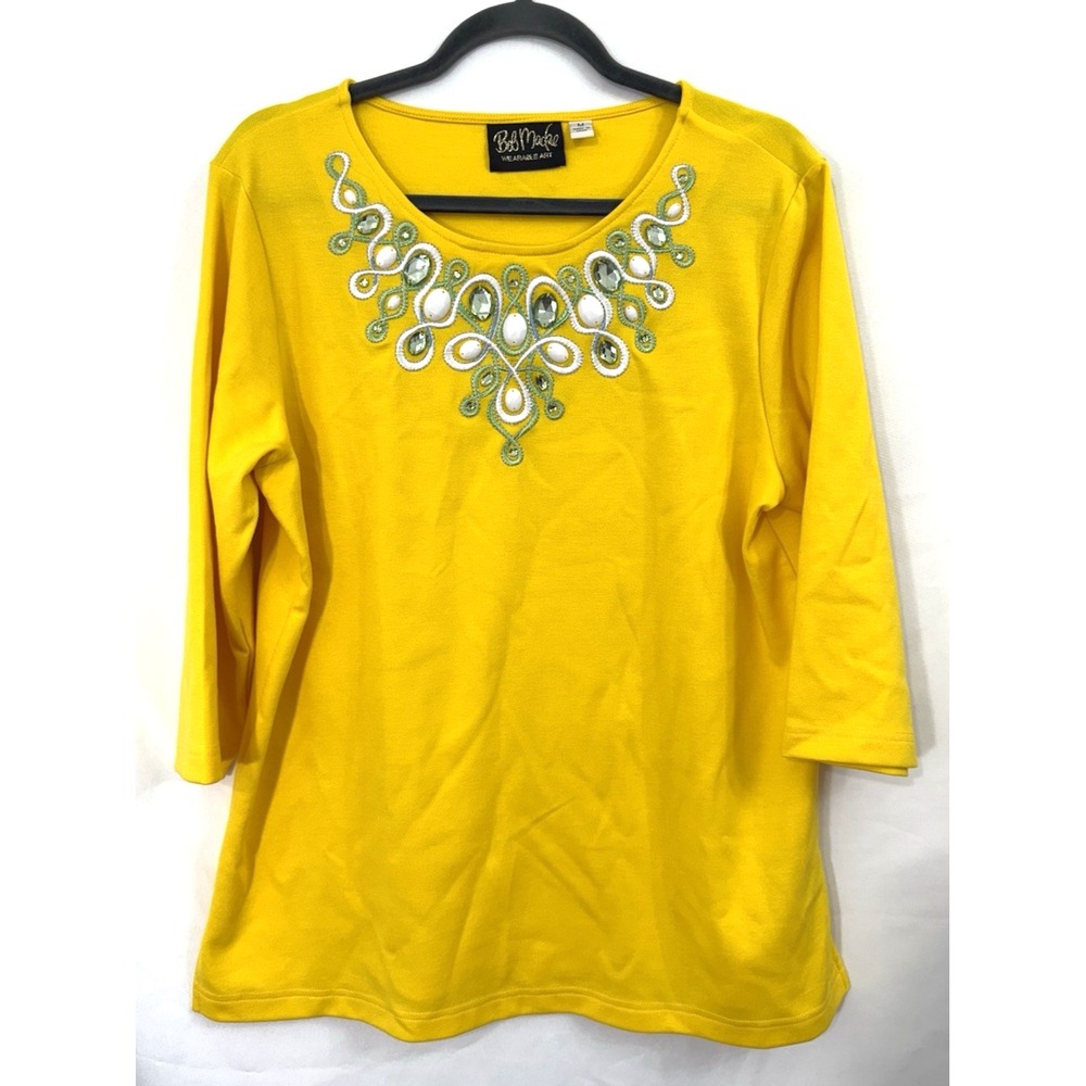 Bob Mackie Wearable Art Yellow Jeweled Embroidered Top 3/4 Sleeve Womens Size M